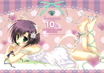 1girl animal_ears ankle_garter ankle_ribbon barefoot blush cat_ears cat_tail dress feet female_focus flower green_eyes highres leg_ribbon legs lying on_stomach purple_hair ribbon ryouka_(suzuya) short_hair solo tail