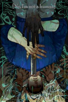 1boy 1other absurdres black_hair blue_sweater clenched_teeth colored_extremities commentary copyright_name cowboy_shot english_commentary gun gun_to_chin headshot highres holding holding_gun holding_weapon no_i'm_not_a_human out_of_frame outstretched_hand parted_lips partially_shaded_face protagonist_(no_i'm_not_a_human) reaching reaching_towards_another ripples scar scar_on_arm short_hair shotgun sweater swirl teeth tokotoki_toko too_many_hands upside-down weapon