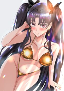 1girl absurdres armlet bikini black_hair blush breasts commentary_request earrings fate/grand_order fate_(series) gold_bikini highres ishtar_(fate) jewelry lemonburst long_hair looking_at_viewer navel red_eyes smile swimsuit tiara two_side_up