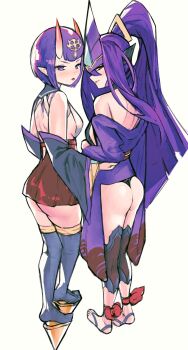 2girls arc_system_works artist_request ass barefoot blazblue blazblue:_central_fiction bob_cut breasts cosplay costume_switch crossover fate/grand_order fate_(series) hades_izanami hades_izanami_(cosplay) hair_ornament highres horns japanese_clothes kimono long_hair miko multiple_girls oni ponytail purple_eyes purple_hair red_eyes shuten_douji_(fate) shuten_douji_(fate)_(cosplay) small_breasts thighhighs trait_connection