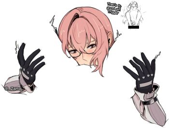 Rule 34 | 2girls, black gloves, blush, commentary, cunnilingus, english commentary, english text, female pov, glasses, gloves, hand on another's thigh, highres, long hair, looking at viewer, meme, multiple girls, negative space cunnilingus (meme), oral, pink hair, pov, semi-rimless eyewear, simple background, sweat, trigger (zenless zone zero), tsukishiro yanagi, twitter username, under-rim eyewear, white background, yuri, zanqi, zenless zone zero