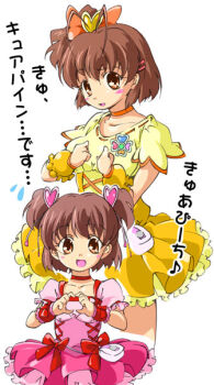 Rule 34 | 2girls, brown hair, clannad, cosplay, cure peace (cosplay), cure peach, cure pine, cure pine (cosplay), fresh precure!, furukawa nagisa, hair ornament, mother and daughter, multiple girls, okazaki ushio, precure, twintails