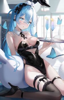 1girl animal_ear_hairband animal_ears bare_shoulders black_hairband black_leotard black_shoes black_thighhighs blue_butterfly blue_eyes blue_hair blush breasts bug butterfly cleavage collar commentary detached_collar english_commentary fake_animal_ears hair_between_eyes hairband hand_up haruhiruri heart heart_o-ring high_heels highleg highleg_leotard highres holding holding_tray insect leotard long_hair looking_at_viewer medium_breasts o-ring o-ring_thigh_strap original parted_lips rabbit_ears shoes single_thighhigh sitting solo strapless strapless_leotard thigh_strap thighhighs tray very_long_hair white_collar