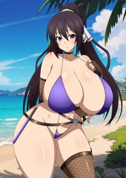 1girl arm_under_breasts asymmetrical_legwear beach bikini black_hair blue_sky breasts closed_mouth cloud commentary_request curvy detached_sleeves expressionless fishnet_pantyhose fishnet_sleeves fishnet_thighhighs fishnets high_ponytail highres huge_breasts infinite_stratos nose ocean pantyhose ponytail purple_bikini purple_eyes shinonono_houki sky space_gorilla split_ponytail swimsuit taimanin_suit thick_thighs thighhighs thighs
