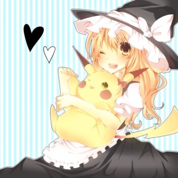 Rule 34 | 1girl, bad id, bad pixiv id, blonde hair, braid, crossover, gen 1 pokemon, hat, kirisame marisa, long hair, nayuta (scarlet-noize), nintendo, one eye closed, pikachu, pokemon, pokemon (creature), side braid, touhou, wink, witch, witch hat, yellow eyes