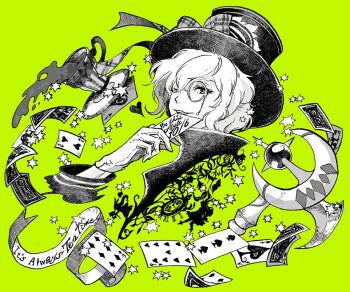 1boy bad_id bad_pixiv_id card cup english_text gloves green_background greyscale grimms_notes hand_up hat hat_ribbon holding holding_card looking_at_viewer mad_hatter_(grimms_notes) mad_hatter_(original)_(grimms_notes) male_focus medium_hair misoshiru_umai4 monochrome monocle one_eye_closed parted_lips playing_card ribbon silhouette smile solo spilling teacup teeth upper_teeth_only
