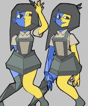 1girl asymmetrical_legwear black_eyes black_hair black_skirt black_socks blue_skin colored_skin cubism ena_(ena) ena_(series) ena_(species) ena_(web_series) floating_head highres miniskirt pantsu-ripper shirt single_thighhigh skirt socks split-color_skin thighhighs white_shirt yellow_skin