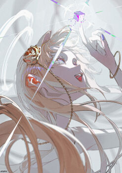 1girl absurdres bare_arms bare_shoulders blonde_hair bracelet chain crymachina cube double_halo enoa_(crymachina) flower flower_ornament gold_bracelet gold_chain hair_flower hair_ornament halo highres jewelry long_hair official_art open_mouth rolua rose second-party_source smile solo teeth upper_teeth_only very_long_hair yellow_flower yellow_rose