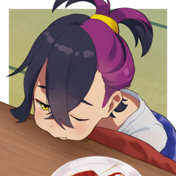 1boy apple_peel black_hair blush commentary_request crossed_bangs hair_between_eyes head_rest kieran_(pokemon) kotatsu looking_at_viewer male_focus nintendo one_eye_closed plate pokemon pokemon_scarlet_and_violet ponytail purple_hair solo table tokiba_nagamu toothpick upper_body yellow_eyes