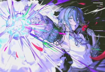 Rule 34 | 1girl, black choker, black ribbon, blush, chainsaw man, character name, choker, copyright name, explosion, flower, hair between eyes, highres, holding, holding flower, neck ribbon, open mouth, purple hair, red flower, reze (chainsaw man), ribbon, shirt, short hair, sinsaimdan32359, solo, twitter username, white shirt