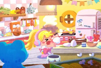 >_< 1girl apron blonde_hair blush_stickers chibi commentary cooking food hashtag-only_commentary headphones hibari_(one_piece) highres indoors meat one_piece onigiri pink_apron rice shota_onepiece smoke solo stuffed_animal stuffed_toy symbol-only_commentary teddy_bear