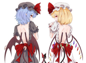 Rule 34 | 2girls, back, black dress, black hat, blonde hair, blue hair, commentary request, crystal, demon tail, dress, fang, flandre scarlet, frills, from behind, hat, hat ornament, highres, looking at viewer, medium hair, merihari07, mob cap, multicolored wings, multiple girls, open mouth, pointy ears, puffy short sleeves, puffy sleeves, red eyes, remilia scarlet, short sleeves, simple background, tail, touhou, vampire, white dress, white hat, wings