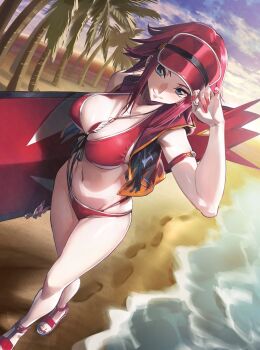 1girl armband beach bikini blue_eyes breasts cleavage closed_mouth code_geass code_geass:_genesic_re;code cropped_jacket flame_print hat highres jacket jewelry kouzuki_kallen large_breasts looking_at_viewer navel necklace ocean official_art red_bikini red_hair red_nails sand short_hair sidelocks smile solo surfboard swimsuit third-party_source visor_cap whoopin