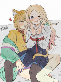 2girls aqua_hoodie black_pantyhose black_skirt collar collared_shirt commentary_request fangs fujita_kotone gakuen_idolmaster grey_shirt haniwa_hayate highres holding holding_leash hood hoodie idolmaster jacket juo_sena kemonomimi_mode leash multicolored_hair multiple_girls one_eye_closed pantyhose pink_streaks pleated_skirt purple_eyes shirt simple_background sitting sitting_on_lap sitting_on_person skirt streaked_hair white_background white_jacket yellow_eyes yellow_shirt yuri