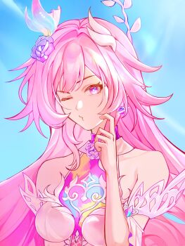 1girl bare_shoulders blue_sky breasts commentary cyrene_(demiurge)_(honkai:_star_rail) cyrene_(honkai:_star_rail) diamond-shaped_pupils diamond_(shape) dress earrings flower hair_flower hair_ornament highres honkai:_star_rail honkai_(series) jewelry large_breasts long_hair looking_at_viewer pink_hair pointy_ears purple_eyes sky solo starby89541418 symbol-shaped_pupils upper_body very_long_hair white_dress