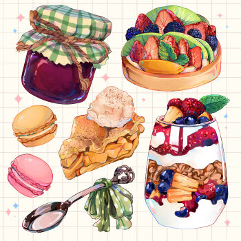 blackberry_(fruit) blueberry commentary dessert english_commentary food food_focus fruit glass granola green_ribbon grid_background highres ice_cream jam koobiie leaf macaron no_humans original painterly parfait peach_pie pie pineapple pineapple_slice procreate_(medium) ribbon sparkle spoon strawberry strawberry_parfait yogurt