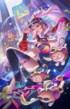 1girl aqua_hair artist_logo banana baseball_cap black_hat black_shorts black_socks breasts bridal_gauntlets building city commentary crop_top cropped_jacket english_commentary fake_horns fishnet_bridal_gauntlets fishnet_top fishnets floating_hair food fruit gloves green_eyes halftone hand_on_headwear hat high_ponytail honkai:_star_rail honkai_(series) horns jacket knee_pads logo long_hair looking_at_viewer medium_breasts multicolored_hair pink_hair ponytail rappa_(honkai:_star_rail) red_gloves red_jacket shirt short_shorts shorts single_glove single_knee_pad socks solo sparkle streaked_hair very_long_hair white_shirt yuelycia