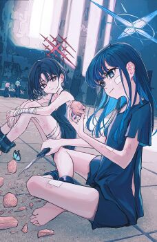 4girls animal arius_squad_(blue_archive) atsuko_(blue_archive) bandaged_arm bandages barefoot black_hair black_shirt blue_archive blue_eyes blue_hair blue_halo blush bug butterfly closed_mouth colored_inner_hair eironeus green_hair halo highres hiyori_(blue_archive) holding holding_knife insect knife misaki_(blue_archive) multicolored_hair multiple_girls purple_hair red_eyes red_halo saori_(blue_archive) shirt short_sleeves sitting smile soles toes
