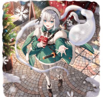 1girl alternate_costume artist_request black_bow black_bowtie blue_eyes boots bow bowtie box breath brown_boots christmas christmas_tree english_text full_body fur-trimmed_boots fur-trimmed_jacket fur-trimmed_skirt fur_trim game_asset gift gift_box green_jacket green_skirt grey_hair hair_between_eyes hair_ornament holding holding_gift jacket konpaku_youmu konpaku_youmu_(ghost) long_sleeves medium_hair merry_christmas multiple_swords non-web_source official_art open_clothes open_jacket open_mouth outdoors self-datamine sheath sheathed shirt simple_background skirt smile snowflakes solo sword sword_on_back touhou touhou_arcadia_record transparent_background weapon weapon_on_back white_shirt x_hair_ornament