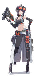 Rule 34 | 1girl, absurdres, ahoge, bare shoulders, belt, black choker, black footwear, black gloves, black hair, black pants, breasts, chinese commentary, choker, cleavage, commentary request, crop top, elbow gloves, full body, gloves, goggles, goggles on head, grace howard, grey belt, gun, highres, holding, holding gun, holding weapon, kabuto tong, large breasts, leggings, looking at viewer, midriff, navel, pants, red eyes, shoes, short hair, simple background, skirt, smile, solo, sports bra, standing, stomach, thighs, weapon, white background, white belt, white skirt, zenless zone zero