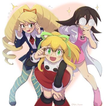 3girls adjusting_eyewear artist_name ayla_kazemi blonde_hair blush bow brown_hair coke-bottle_glasses commentary drill_hair english_commentary glasses green_eyes hair_bow hand_on_own_chin highres in-franchise_crossover lab_coat leaning_forward long_hair looking_at_viewer luna_platz_(mega_man) mega_man_(classic) mega_man_(series) mega_man_legends_(series) mega_man_star_force_(series) multiple_girls open_mouth pantyhose roll_(mega_man) round_eyewear semi-rimless_eyewear smile striped_clothes striped_pantyhose tron_bonne_(mega_man) twin_drills twitter_username