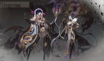 2girls black_garter_straps black_gloves black_hair black_thighhighs blonde_hair breasts contrapposto dark-skinned_female dark_skin garter_straps gloves hair_over_one_eye hand_on_own_hip highres holding holding_staff looking_at_viewer medium_breasts mobile_legends:_bang_bang multiple_girls pointy_ears red_eyes smjim1986 staff thighhighs white_pelvic_curtain white_streaks