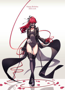 1girl 2023 absurdres black_choker black_jacket black_leotard black_mask black_ribbon black_thighhighs buttons chain choker closed_eyes collarbone commentary dated english_text frilled_sleeves frills full_body gloves hair_ribbon happy_birthday highres holding holding_sword holding_weapon jacket leotard long_hair long_sleeves mask masked open_clothes open_jacket persona persona_5 persona_5_the_royal petals ponytail red_gloves red_hair ribbon shadow sheath solo strapless strapless_leotard sword thighhighs tsubsa_syaoin violet_(persona_5) weapon white_background yoshizawa_kasumi