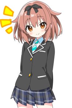 1girl aqua_necktie black_bow black_jacket blazer blue_skirt blush bow brown_eyes brown_hair buttons closed_mouth collared_shirt commentary_request cowboy_shot dot_nose hair_between_eyes hair_bow highres jacket kotatsu-mazoku long_sleeves looking_at_viewer miniskirt necktie notice_lines original plaid_clothes plaid_skirt pleated_skirt school_uniform shirt short_hair simple_background skirt smile solo striped_clothes striped_necktie white_background white_shirt