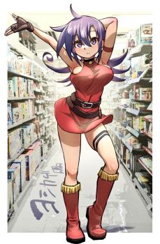 1girl ahoge aisle arm_behind_head armband armpits artist_name bare_shoulders belt black_choker boots breasts brown_belt brown_gloves choker commentary contrapposto dancing dress duel_masters expressionless fingerless_gloves gloves heel_up knee_boots large_breasts long_hair looking_at_viewer multiple_belts oddloop outstretched_arm pendant_choker photo_background purple_eyes purple_hair red_armband red_boots red_dress shelf shop short_dress sideboob signature sleeveless sleeveless_dress solo spiked_hair tasogare_mimi thigh_strap tight_clothes tight_dress translated yoshikage_(yo4kage)