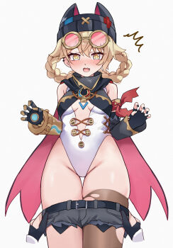 1girl absurdres belt black_thighhighs blonde_hair blush breasts chideno clothes_pull fang genshin_impact hat highres jahoda_(genshin_impact) leotard micro_shorts open_mouth shorts shorts_pull simple_background single_thighhigh skin_fang small_breasts solo star-shaped_pupils star_(symbol) symbol-shaped_pupils thigh_gap thighhighs torn_clothes torn_thighhighs white_background yellow_eyes