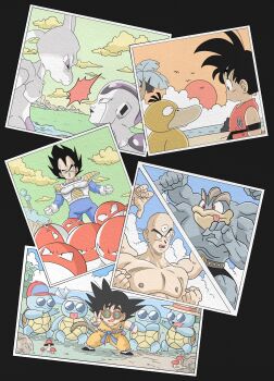 armor bald baseball_cap beach black_eyes black_hair blue_sky boots cloud colored_skin crossover day dougi dragon_ball dragon_ball_(classic) dragonball_z extra_arms frieza gen_1_pokemon gloves group_picture hat highres holding legendary_pokemon long_hair looking_at_viewer machamp male_focus mewtwo multiple_boys muscular muscular_male mushroom nintendo ocean open_mouth outdoors pokemon pokemon_(creature) psyduck red_eyes rock saiyan_armor sky smile son_goku spiked_hair squirtle squirtle_squad sunglasses tail teeth tenshinhan third_eye tongue tongue_out turtle vegeta voltorb water wesatinthecar white_gloves wristband