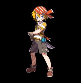 1boy bell black_background blonde_hair blue_eyes brown_shoes clenched_teeth collarbone collared_shirt full_body grey_shorts hair_between_eyes holding holding_sword holding_weapon melnard_(merc_storia) merc_storia merc_storia_art_team official_art shirt shoes short_hair short_sleeves shorts simple_background smile solo standing striped_clothes striped_shirt sword tachi-e teeth weapon