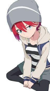 1girl amate_yuzuriha aqua_eyes beanie black_pantyhose black_shirt blue_jacket breasts closed_mouth commentary cosplay crossed_legs earrings frown grey_hat grey_jacket grey_shorts gundam gundam_gquuuuuux half-closed_eye hat hood hood_down hooded_jacket indian_style jacket jewelry kayabakoro kurosawa_tomoyo long_sleeves looking_at_viewer open_clothes open_jacket pantyhose pantyhose_under_shorts raglan_sleeves red_hair shirt short_hair shorts simple_background sitting solo striped_clothes striped_shirt stud_earrings thighhighs toki_ayano toki_ayano_(cosplay) voice_actor_connection white_background white_shirt yurucamp