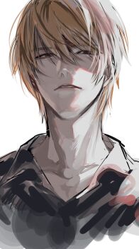 1boy black_shirt brown_eyes brown_hair collarbone collared_shirt death_note hair_between_eyes half-closed_eyes highres looking_at_viewer male_focus pan2ca parted_lips shirt short_hair sketch solo upper_body white_background yagami_light