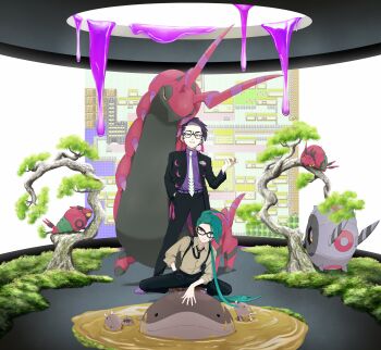 1boy 1girl absurdres black_coat black_hair black_pants clodsire coat collared_shirt commentary_request corbeau_(pokemon) gen_5_pokemon glasses green_hair grey_shirt hand_in_pocket highres holding long_hair long_sleeves looking_at_viewer moss neckerchief nintendo paldean_wooper pants poison pokemon pokemon_(creature) pokemon_legends:_z-a pokemon_sv purple_hair purple_shirt rika_(pokemon) scolipede shirt squatting suspenders tli_eilt_pk tree venipede very_long_hair water whirlipede white_neckerchief