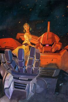 1970s_(style) 1980s_(style) 1girl 2008 bindi brown_hair carrying dark_skin dated debris dress gelgoog_s_char_custom green_eyes gundam highres lalah_sune mecha mobile_suit_gundam official_art official_style oldschool promotional_art retro_artstyle robot scan science_fiction signature traditional_media yasuhiko_yoshikazu
