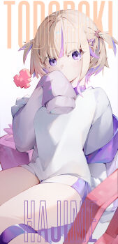 1girl absurdres blonde_hair character_name commentary heart highres hololive hololive_dev_is long_sleeves looking_at_viewer multicolored_hair off_shoulder purple_eyes purple_hair shirt short_hair shorts simple_background solavit401 solo streaked_hair thighs todoroki_hajime two_side_up virtual_youtuber white_background white_shirt white_shorts