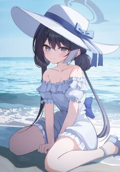1girl absurdres beach black_hair blue_archive blue_bow blue_sky blush bow breasts choppy_bangs cleavage closed_mouth commentary day double_bun dress full_body grey_dress grey_eyes grey_halo hair_bun halo hat hat_bow highres horizon kisaki_(blue_archive) leepy long_hair looking_at_viewer ocean off-shoulder_dress off_shoulder on_ground outdoors shadow short_dress short_sleeves sitting sky small_breasts smile solo split_mouth sun_hat twintails wariza white_hat