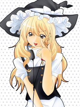 1girl absurdres blonde_hair bow buttons hat headphones highres kirisame_marisa kokoritop open_mouth polka_dot polka_dot_background shirt skirt touhou turtleneck undershirt v white_background white_bow white_shirt white_skirt witch_hat