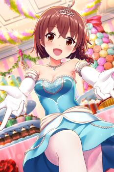 :d absurdres ahoge alternative_girls bare_shoulders blue_dress blurry blurry_background blush bow braid breasts brown_eyes cake cake_slice cleavage collarbone commentary_request cupcake dot_nose double_w dress dutch_angle elbow_gloves fishnet_pantyhose fishnets food gloves hair_bow highres indoors jewelry medium_breasts necklace official_art open_mouth outstretched_arms pantyhose red_bow red_hair second-party_source short_braid single_braid smile strapless strapless_dress string_of_pearls table tiered_tray tinsel w white_gloves white_pantyhose yuuki_miyaka