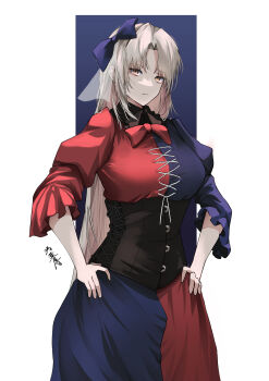 1girl absurdres black_collar black_corset blue_background blue_bow blue_dress bow bowtie breasts closed_mouth collar collared_dress commentary corset cowboy_shot curtained_hair dress hair_bow hands_on_own_hips highres large_breasts light_frown long_hair looking_at_viewer red_bow red_bowtie red_dress signature solo touhou two-tone_dress white_background white_hair wing_collar yagokoro_eirin yagoro_kusuriya yellow_eyes