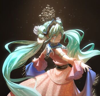 1girl alternate_costume armlet blue_eyes blue_sash catnip_cataria collar corset costume_request double-parted_bangs dress feet_out_of_frame flower from_behind hair_between_eyes hair_flower hair_ornament hashtag-only_commentary hatsune_miku highres jewelry layered_dress long_hair looking_at_viewer outstretched_arms pink_dress sash smile solo spotlight twintails very_long_hair vocaloid worldwide_miku wrist_cuffs