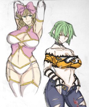 2girls armpits bare_shoulders breasts brown_hair cleavage cleavage_cutout clothing_cutout crop_top elbow_gloves garter_straps gloves green_eyes grey_hair hair_ribbon haruka_(senran_kagura) hikage_(senran_kagura) kongari_tofu large_breasts medium_hair multiple_girls navel panties pants ribbon senran_kagura serious short_hair sleeveless thighhighs torn_clothes underwear white_background yellow_eyes