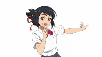 Rule 34 | 1girl, :d, animated, animated gif, anime coloring, black hair, bow, bowtie, brown eyes, collared shirt, grey skirt, hair ribbon, hand on own face, hand up, hoshino ruby dance, index finger raised, kimi no na wa., looking at viewer, miyamizu mitsuha, open mouth, outstretched arm, parody, pleated skirt, pointing, pointing up, ponytail, red bow, red bowtie, red ribbon, ribbon, school uniform, shirt, short hair, short sleeves, simple background, skirt, smile, solo, style parody, upper body, white background, white shirt