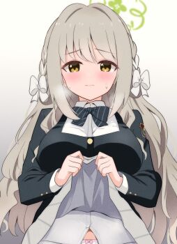 1girl blue_archive blush bow bow_panties bowtie braid breasts clothes_lift diagonal-striped_bow diagonal-striped_bowtie diagonal-striped_clothes flower_halo green_bow green_bowtie green_halo grey_hair grey_skirt hair_bow hair_ribbon halo hazel_eyes heavy_breathing highres large_breasts lifting_own_clothes long_hair long_sleeves looking_at_viewer miyo_(blue_archive) panties ribbon ribbon_braid rikki skirt skirt_lift solo striped_bow striped_bowtie striped_clothes sweat underwear white_bow white_panties