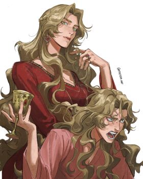 a_song_of_ice_and_fire absurdres angry brown_hair cersei_lannister cup dress etceteraart highres holding holding_cup jewelry lips long_hair looking_at_viewer open_mouth red_dress ring simple_background smile very_long_hair