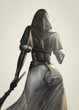 Rule 34 | 1girl, absurdres, ass, ass focus, black capelet, black gloves, black hood, capelet, commentary, elbow gloves, elden ring, elden ring nightreign, english commentary, from behind, gloves, highres, holding, holding mace, holding weapon, mace, nun, see-through silhouette, solo, standing, the antin, undertaker (elden ring), weapon