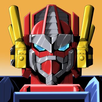 1boy ark_line autobot blue_eyes gradient_background highres looking_at_viewer mecha no_humans omega_prime orange_background portrait robot science_fiction solo transformers transformers_car_robots upper_body