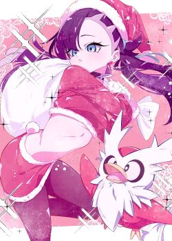 1girl asymmetrical_bangs beak bird black_choker black_hair black_pantyhose blush breasts choker christmas commentary_request cropped_shirt delibird fur-trimmed_headwear fur_trim gen_2_pokemon green_eyes hat highres holding holding_sack long_sleeves marie_(pixiv59672544) marnie_(pokemon) nintendo open_mouth pantyhose parted_lips pokemon pokemon_(creature) pokemon_swsh red_hat red_shirt red_skirt sack santa_costume santa_hat shirt skirt stomach tail twintails wings
