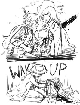 1boy 1girl bleeding blood blood_from_mouth blood_on_clothes blood_on_face blood_splatter bloody_weapon breasts cigar claymore_(sword) coat collared_shirt commentary commentary_request english_commentary english_text fedora hat highres holding holding_cigar impaled injury kaibootsu large_breasts limbus_company long_hair looking_at_another low_ponytail lucio_(project_moon) ponytail project_moon shirt simple_background speech_bubble spoilers stab valencina_(project_moon) violence weapon wide_brim